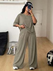 Conjunto de dos piezas de camiseta hombros descubiertos y pantalón ancho de chándal para mujer talla grande, minimalista, ropa de calle, uso diario, salir, deporte, cómodo - Verde militar - Ver 9