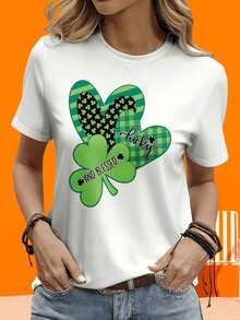 Women's Casual Short Sleeve T-Shirt In White And Two-Tone, Shamrock Design T-Shirt For St. Patrick's Day, Women's Casual Graphic T-Shirt, Green Shamrock Design, T-Shirt For Holidays, Leisure, Outdoor Parties, Gift, Modern And Stylish T-Shirt. - 白色 - 查看 8
