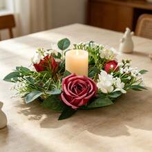 Flower Wreath Candle Rings Decorative Rose Wreath Pillar Candle Garland For Home Dining Table - Burgundy - View 6