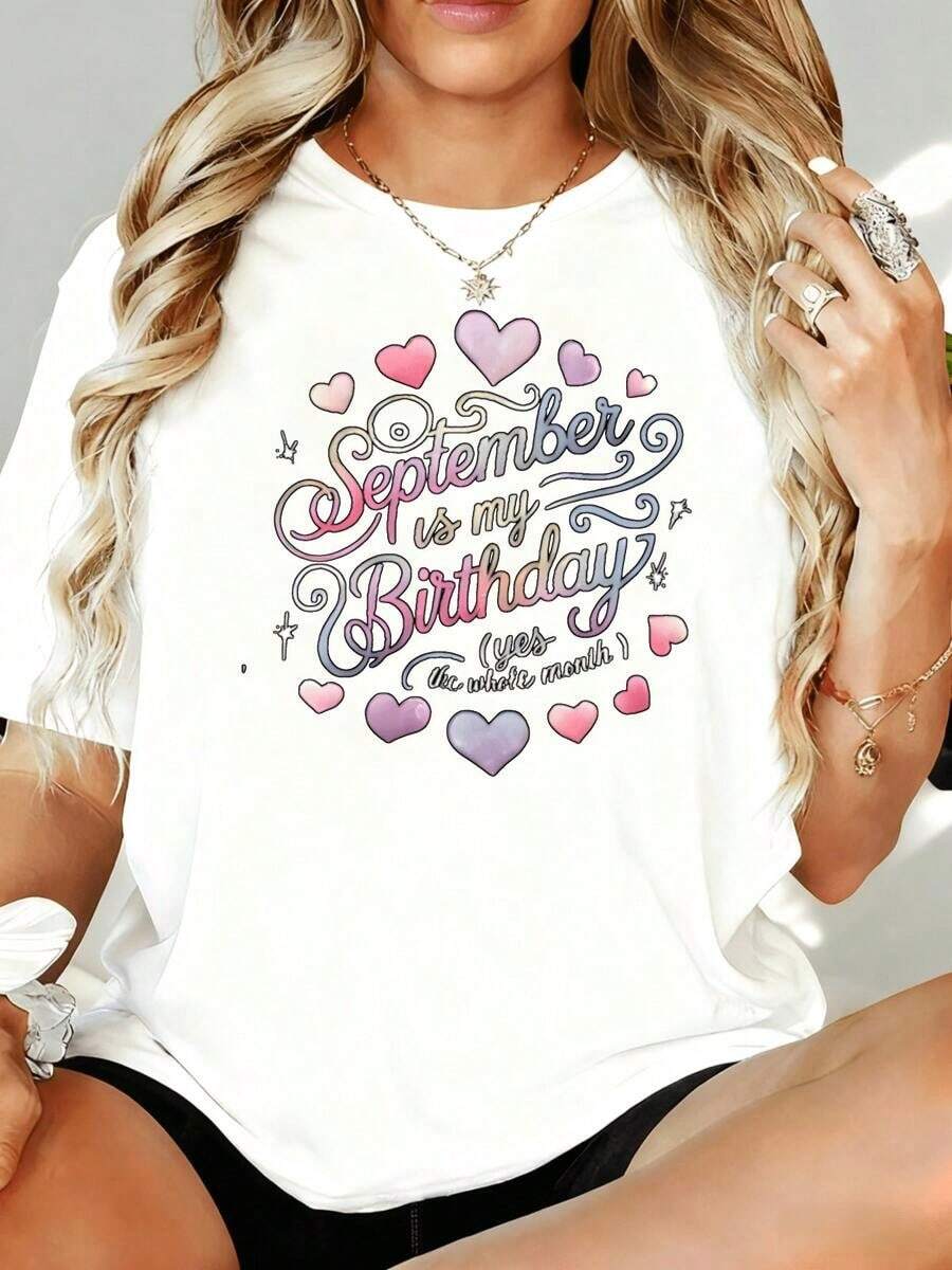 Camiseta de Mujer con Estampado de Corazones "Septiembre Es Mi Cumpleaños, Sí, Todo el Mes" 220g, para Ocio, Hogar, Aire Libre, Regalo para Fiesta de San Valentín - Blanco - Ver 1