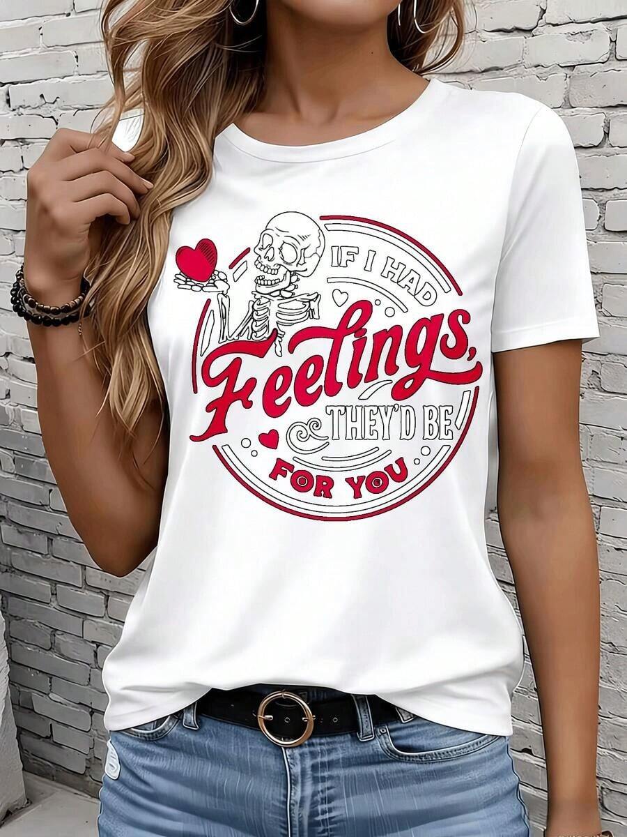 Camiseta de manga corta para mujer, para ocio, actividades al aire libre y hogar, 220g. Si tuviera sentimientos, serían para ti. Camiseta con estampado de corazón esquelético y amor para mujer, camiseta gráfica casual, regalo de San Valentín, regalo para ocio, actividades al aire libre y fiestas. - Blanco - Ver 1