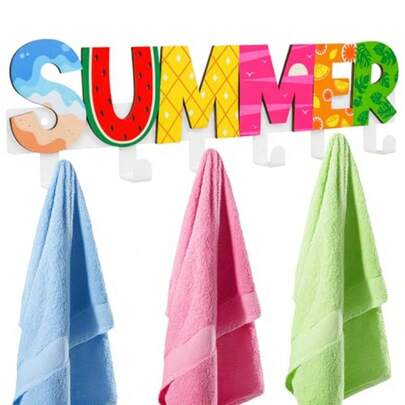 Pool Towel Rack With 6 Hooks Summer Hawaiian Metal Wood Mounted Towel Holder Wall Hanger For Towels Robe Coat Bag Beach Swimming Pool Bathroom Decor