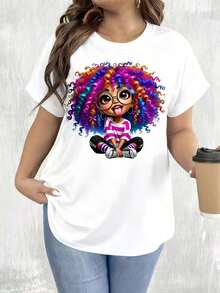 Women's Casual T-Shirt, White, With Colorful Curly-Haired Girl Print With Glasses And Striped Outfit, For Everyday Wear And Coffee Breaks, Leisure At Home And Outdoors, Black And White Short Sleeve T-Shirt, Party Gift, Round Neck, 100% Cotton, Soft Fabric, Short Sleeve - 白色 - 查看 6