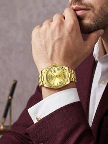 SIMBOJOY Men's Watch Stainless Steel Solid Steel Strap Calendar Week Classic Men's Gold Business Watch Men's Casual Quartz Watch Men's Waterproof Watch - Gold - View 3
