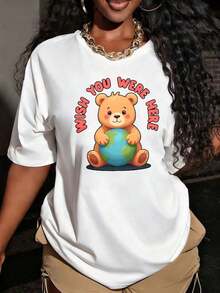 Camisetas gráficas de mujer, camisetas de mujer con estampado "You Were Here Bear Holding Earth%", camisetas de algodón transpirables para verano, playeras de mujer de algodón. - Blanco - Ver 1