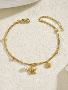 1pc Stainless Steel Starfish & Shell Pendant Anklet, 18K Gold Plated Multi-Layer Pearl Pendant Anklet, Minimalist Elegant Jewelry Suitable As Gift, Daily Wear, Beach Vacation - Gold - View 2