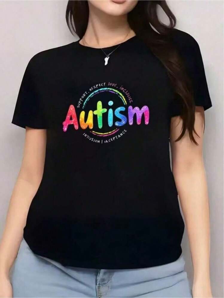 Women's Casual Short-Sleeve T-Shirt With Casual Print And Autism Awareness Slogan Design, Fashionable Sports T-Shirt, Suitable For Daily Casual Outings And Holidays, 100% Cotton, Durable - 黑色 - 查看 5