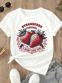 Camiseta Casual, Camiseta del Festival de Fresas, Camiseta Gráfica "A Berry Good Time" para Mujer, Top Casual de Verano, Camiseta con Estampado de Fresas, Diseño Divertido de Frutas, Camiseta Unisex de Algodón, 100% Algodón, Duradera - Blanco - Ver 2
