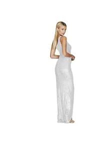 Vestido de mujer color champán con lentejuelas, diseño asimétrico de un hombro, escote en V con abertura lateral alta, corte maxi elegante ideal para fiestas de noche, graduaciones y eventos formales, estilo glamoroso perfecto para celebraciones de invierno y otoño - Plateado - Ver 3
