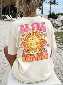 Camiseta de manga corta talla grande Boho Be The Sunshine con estampado gráfico, cuello redondo, longitud regular, alta elasticidad, estilo casual-vintage urbano, unisex, holgada, de al - Albaricoque - Ver 3