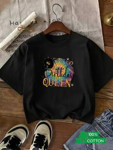 Camiseta de moda de manga corta para mujer, ideal para vacaciones de verano, con estampado de letras y anime, diseño sencillo, cómoda y transpirable, adecuada para uso diario informal y versátil, que muestra un estilo natural y elegante, imprescindible para fiestas de verano, envío local, perfil lateral femenino con corona dorada. - Albaricoque - Ver 8