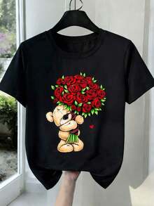 Women's Valentine's Day T-Shirt With Teddy Bear And Heart Print - Soft Crew Neck Casual Top With Adorable Bear And Heart Design, Machine Washable Blouse For Spring, Summer, Autumn Casual Wear Or Valentine's Day Gift, Comfortable Fabric - Unisex Urban Vintage Style, Loose Fit Cotton Short Sleeve Crew Neck T-Shirt. Blouses.Casual Blouses For Women.Care Bear Print.Care Bear Print T-Shirt. - Black 9 - View 7