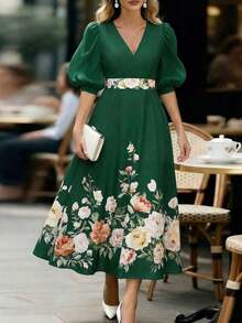 Vestido elegante de mujer con cuello en V, mangas abullonadas y estampado floral - Verde - Ver 1