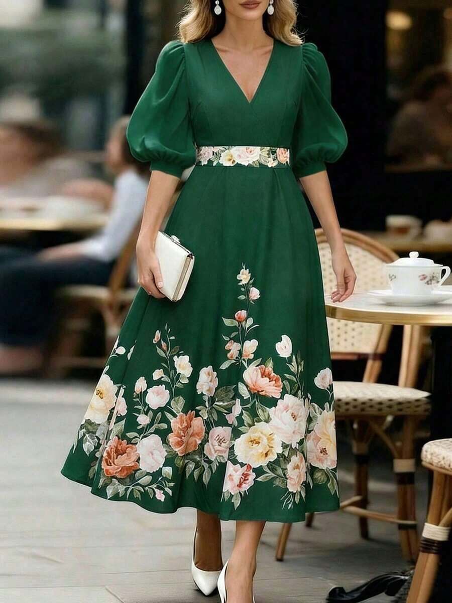 Vestido elegante de mujer con cuello en V, mangas abullonadas y estampado floral - Verde - Ver 1
