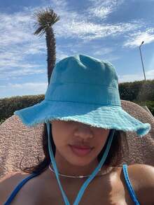 Women's Drawstring Trim Bucket Hat, Adjustable Chin Strap Design, Distressed Effect, Soft Fabric, Sun And Wind Protection, Fashionable And Versatile, Suitable For Travel, Beach, Vacation, Daily Casual Wear - Multicolor - View 5