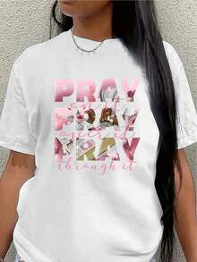 Lightweight And Durable Short-Sleeved T-Shirt With A Floral Print And The Phrase "Pray About It, Pray Through It," Perfect For Lounging At Home, Church, Or Everyday Activities. Women's Blouses > Clothing - 白色 - 查看 1