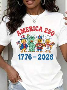 Women's T-Shirt, Round Neck T-Shirt For Women, Patriotic Design With Duck And Statue Of Liberty Print, For Celebration Of July 4th, United States Independence Day 250 - 白色 - 查看 1
