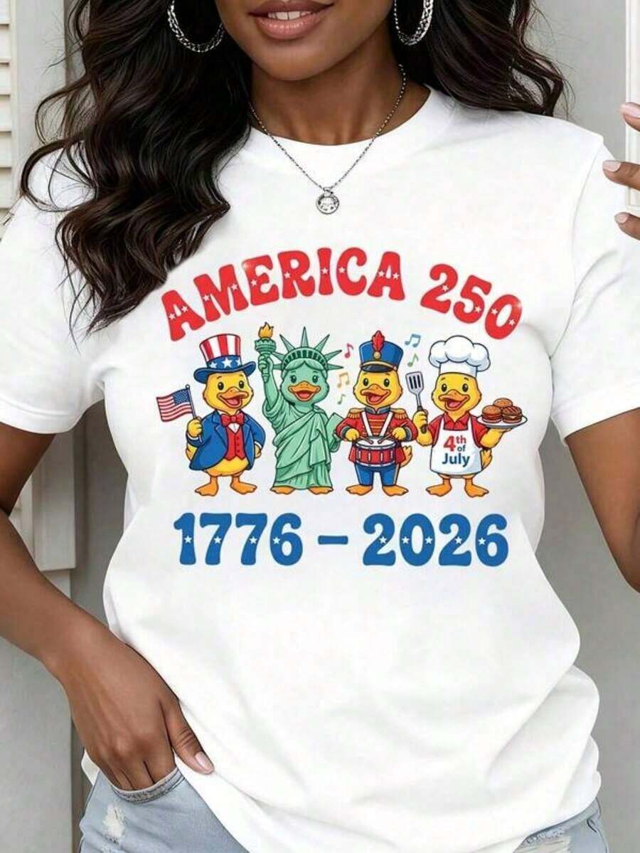 Women's T-Shirt, Round Neck T-Shirt For Women, Patriotic Design With Duck And Statue Of Liberty Print, For Celebration Of July 4th, United States Independence Day 250 - 白色 - 查看 1