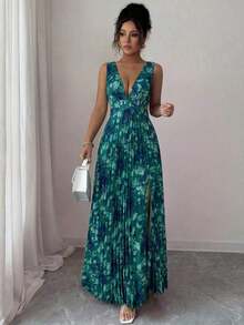 a Vestido elegante y romántico para mujer con cuello en V sin mangas, cintura hueca, plisado en línea A y estampado floral - Multicolor 10 - Ver 11