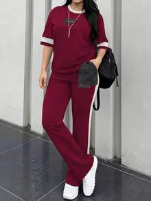 女款新款圓領短袖T恤與鬆緊腰寬鬆長褲兩件套，休閒日常穿著，春夏秋優雅風 - 酒紅64+白 - 查看 5