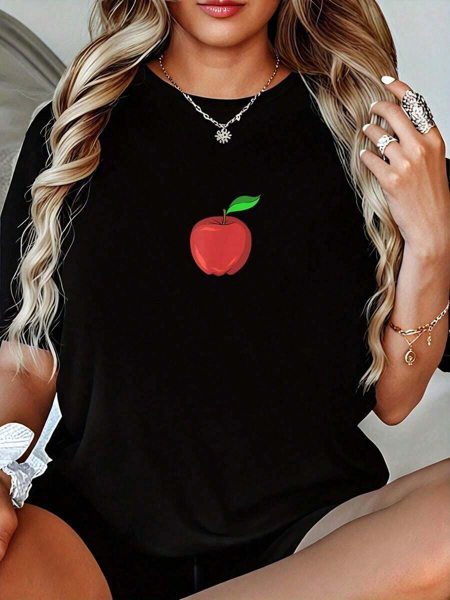 Camiseta de Mujer con Estampado de Manzana - Camiseta de Manga Corta para Mujer - Estilo Holgado y Casual Adecuado como regalo. playera de mujer. blusas>elegantes. boho chic,Top de mujer suave, transpirable y cómodo, ideal para primavera, verano y otoño, perfecto para vacaciones, viajes y uso diario. - Negro - Ver 1