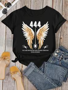 1 pieza de camiseta estampada con alas de ángel 444, camiseta de bendición de ángel dorado, 180g, 100% algodón - Negro - Ver 2