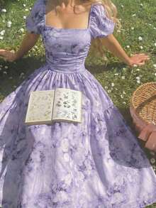 MOD Ditsy Floral Print Midi Dress For Tea - Purple - View 11