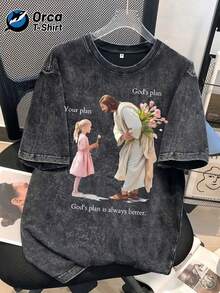 1 camiseta vintage con estampado "Plan de Dios" y "Jesus Girl", de marca americana de moda, casual, con cuello redondo, de algodón lavado y personalizada, de manga corta, adecuada para vacaciones, salidas, uso casual, deportes, regalos y otras ocasiones. 100% algodón, 180g. - Negro - Ver 1
