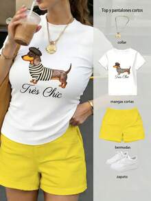 Conjunto de blusa y pantalones cortos para mujer, artesanía de estampado térmico de alta definición, patrón de perro salchicha con boina y ropa a rayas, combinación de blanco, negro y marrón a la moda - Camiseta blanca + pantalones cortos amarillos - Ver 1