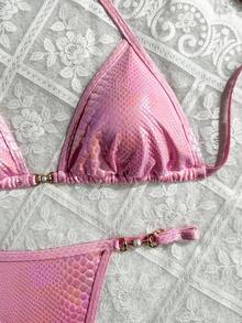 Snake Skin Print Backless Lace-Up Swimwear, Sexy Backless Thong Bikini For Beach Holiday, Summer Vacation - Hot Pink - View 4