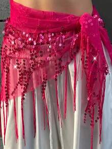 Women Belly Dance Sequin Tassel Hip Scarf Triangle Belt Wrap Skirts Music Festival Sheer Mesh Waist Chain - 玫紅色 - 查看 4