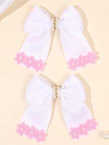 2pcs/Set White Bow Hair Clips For Girls, Cute Blue Flower Decor Bow Hair Clips, Exquisite Pearl Rhinestone Flower Decor Alligator Clips, Ribbon Hair Clips Party Hair Accessories Wedding Headwear For Girls And Teens - Multicolor - View 7