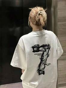 1 Piece Of Women's Oversized Graphic Tee, Abstract Print "7" "Romantic Free", Casual Loose Fit, Short Sleeve, Round Neck, Cotton Blend, Bold Urban Style, Dropped Shoulders, Long Cut, Ideal For Everyday Wear, Urban And Grunge Outfits, 180g 100% Cotton. - 白色 - 查看 3