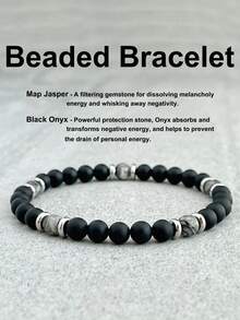 YAUKIA Vòng tay đá tự nhiên 6mm thời trang, đá Map Stone & Obsidian, biểu tượng sức mạnh và lòng can đảm, vòng tay hạt co giãn cân bằng, trang sức thiền định tâm linh, trang sức unisex. - Nhiều màu - Xem 1