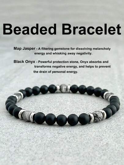 YAUKIA Vòng tay đá tự nhiên 6mm thời trang, đá Map Stone & Obsidian, biểu tượng sức mạnh và lòng can đảm, vòng tay hạt co giãn cân bằng, trang sức thiền định tâm linh, trang sức unisex.