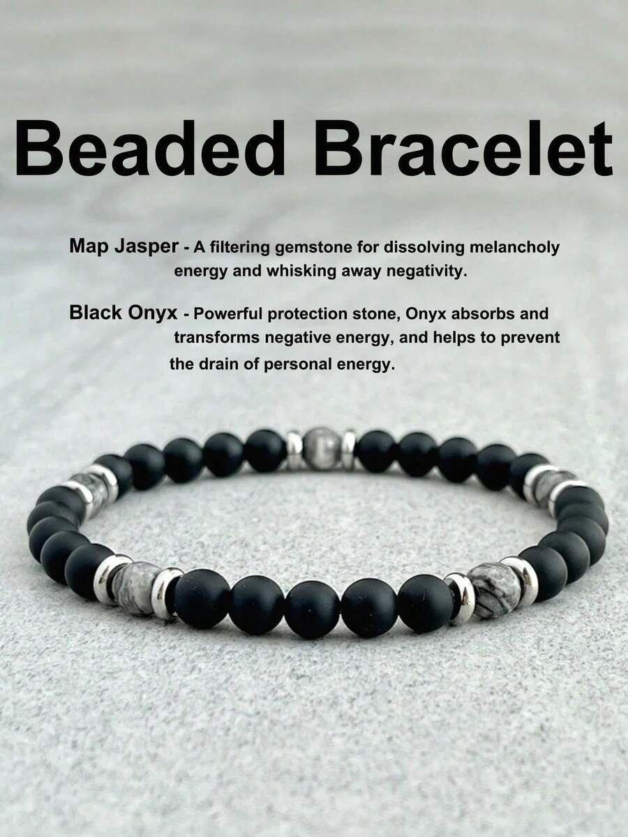 YAUKIA Vòng tay đá tự nhiên 6mm thời trang, đá Map Stone & Obsidian, biểu tượng sức mạnh và lòng can đảm, vòng tay hạt co giãn cân bằng, trang sức thiền định tâm linh, trang sức unisex. - Nhiều màu - Xem 1