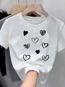 Women's 100% Cotton T-Shirt, Soft And Comfortable, Short Sleeve, Crew Neck, With A Heart Print In Different Textures. Valentine's Day, February 14th - Vintage Street Style Unisex Cotton Short Sleeve Crew Neck T-Shirt - 白色 - 查看 1