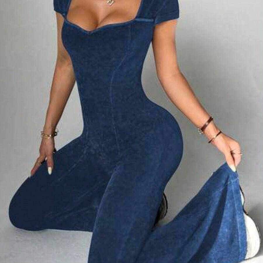Slayform 1pc Women's Seamless Washed Matte Sweetheart Collar Butterfly Sleeve Slimming Yoga Exercise Dance Gymnastics Jumpsuit Flare Pants - Azul Marino - Ver 1