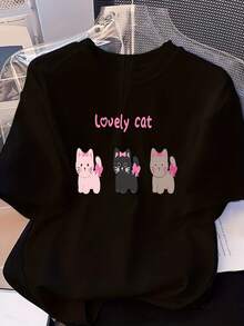 Women's T-Shirt 100% Cotton, Vintage Summer T-Shirts For Women, Women's T-Shirt 2026, New, Casual, Cute, Loose, Cotton, Round Neck, Short Sleeve, With Kitten Print In Three Colors. - 黑色 - 查看 12