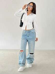 Camisa básica de manga larga informal con cintura recogida - Blanco - Ver 4