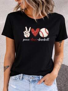 New 2026 Women's Casual Summer T-Shirt, Designed With Peace, Love, And Baseball Motifs - Round Neck, Medium Stretch, Made Of Fabric. XNZI - 黑色 - 查看 7