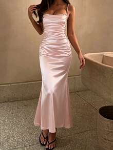 Women's Pink Satin Ruched Sexy Dress, Suitable For Party, Date, Evening Event - Pink - View 3