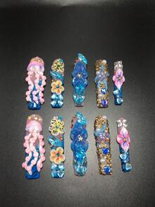 10-Piece 5.5cm Pure Handmade Coffin-Shaped Wearable Nails, Featuring Rhinestone, Jellyfish, Spotted, And Flower Decorations. A Press-On Nail Set Suitable For Women And Girls, Ideal For Valentine's Day, Parties, Holidays, And Daily Wear. Nail Accessories, Acrylic Nail Sets, Hand-Pressed Manicures, Fake Nail Stickers, And Manicure Supplies. - Multicolor - View 2
