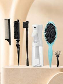 Bộ dụng cụ tạo kiểu tóc 6 món, bao gồm bình xịt, lược đuôi nhọn, lược chải cạnh, lược dẹt, lược chải tóc, thích hợp cho tóc giả, tết tóc, buộc tóc đuôi ngựa, uốn tóc và tạo kiểu tóc hàng ngày. - Nhiều màu - Xem 11