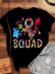 Women's Cotton T-Shirts, Colorful Puzzle Ribbon Design For Autism Awareness Support Team, Ideal For Autism Awareness Month And Community Events, Women's Basic Blouses. - 黑色 - 查看 3