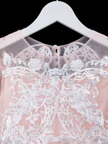 Girls' Floral Embroidered Bowknot Long Sleeve Mesh Formal Dress, Suitable For Flower Girl, Wedding, Festival, Prom, Spring/Summer - Baby Pink - View 8