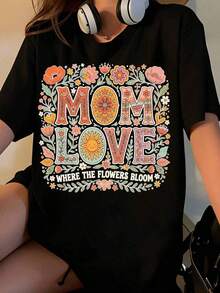 Women's Floral Print T-Shirt "Mom Love Where The Flowers Bloom", Mother's Day Gift, Casual Summer Top - 黑色 - 查看 7