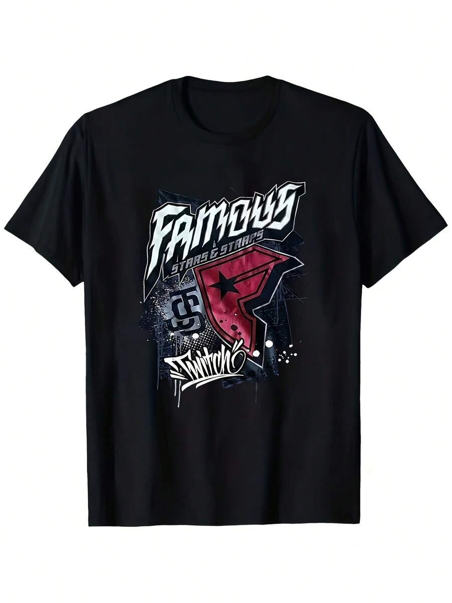 Mark Cc Men's Black Graphic T-Shirt With Famous Star Design And Shoulder Straps | Eye-Catching Retro Print In Red And White, Comfortable And Breathable Material, Regular Fit Short Sleeve T-Shirt Suitable For Concerts, Parties And Everyday Wear. - 黑色 - 查看 1