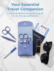 7pcs Portable Nail Clipper Set, High Quality Stainless Steel Ultra Sharp Durable Curved Edge Scissors For Trimming Finger And Toenails, With Nail File (Blue Set) - Blue - View 2