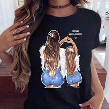 Women's Clothing, Happy Family Time Cartoon Print T-Shirt, Mom, Mother, Short Sleeve T-Shirt, Black Graphic T-Shirt For Women, Urban Vintage Style, Unisex, Loose Fit, Cotton, Short Sleeve, Round Neck - 黑色 - 查看 1